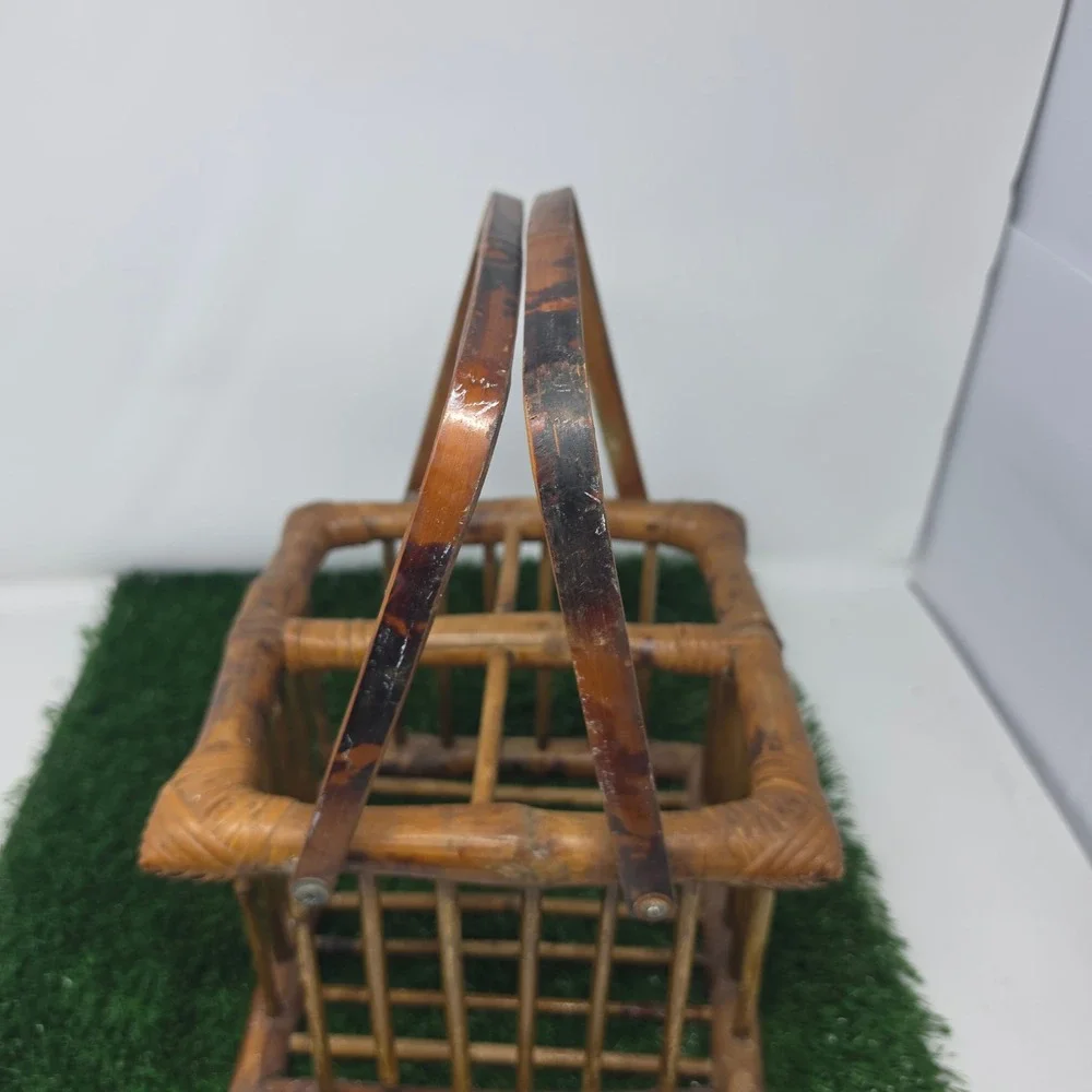 Vintage Bamboo Rattan Wine Bottle Carrier Caddy 4 Bottle Holder  Boho